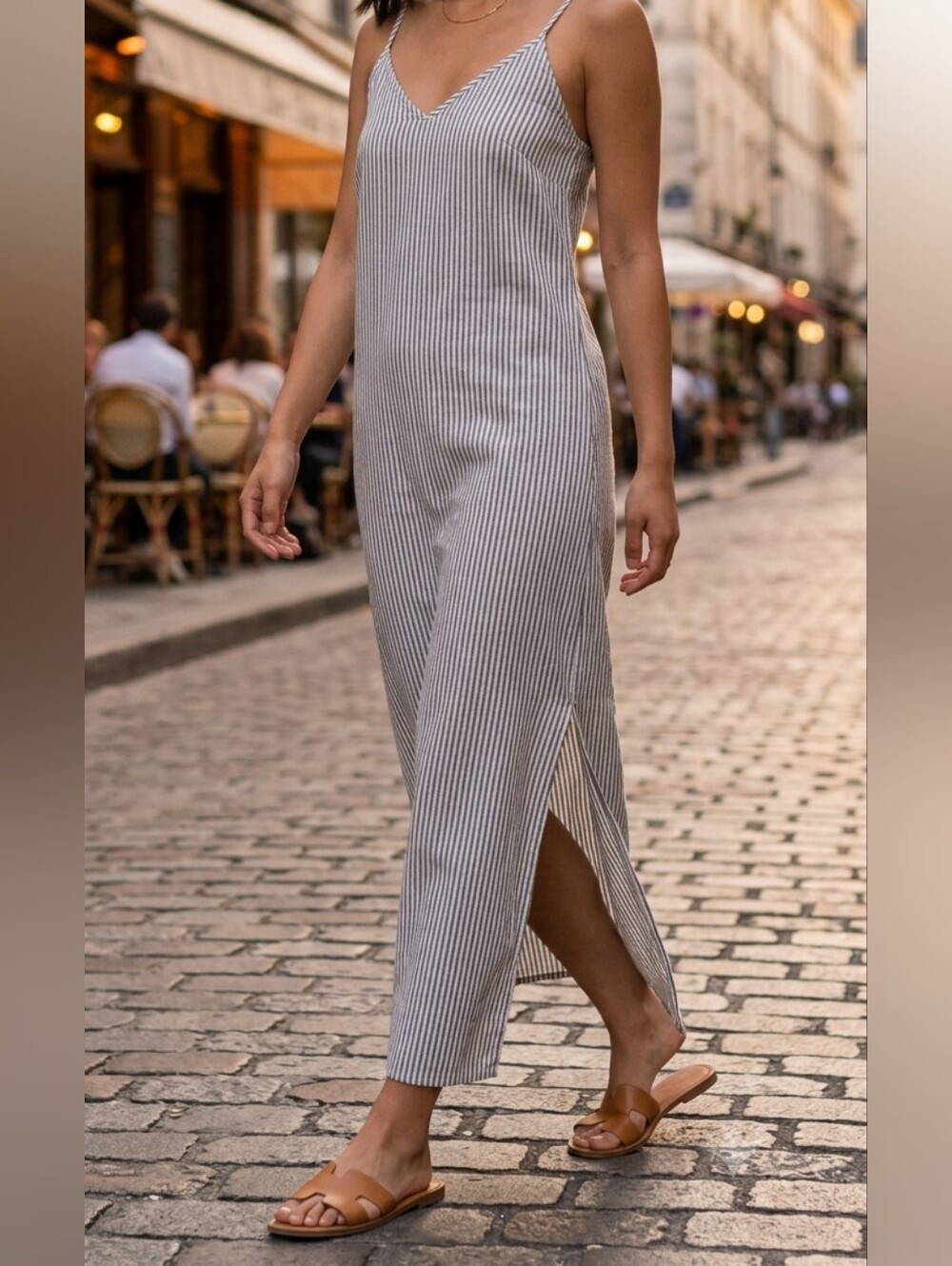 A New Day Womens XS Striped Cami Maxi Dress Grey White V-Neck Side Slit Sun